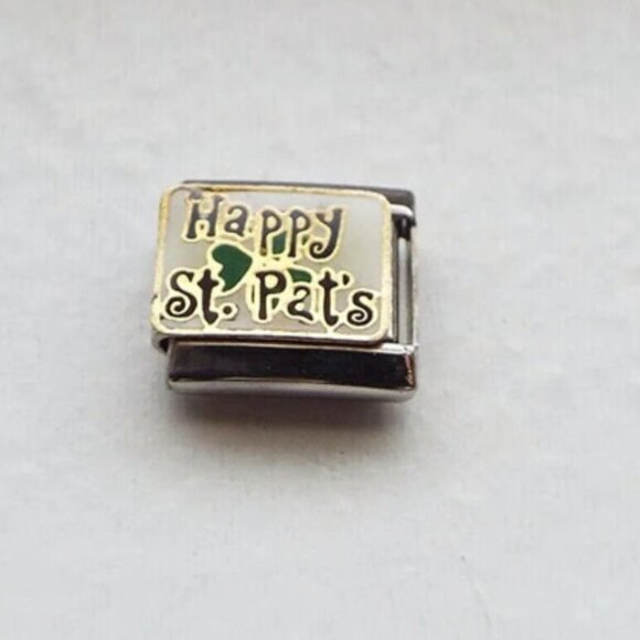 Happy St. Pat's enamel 9mm stainless steel italian charm bracelet link new - Picture 1 of 2